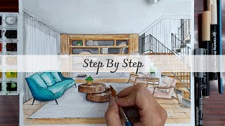 How To Draw A Living Room In One Point Perspective  Step By Step [upl. by Mazonson769]