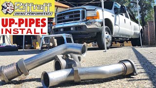 2001 F350 73  RiffRaff UpPipes Install  Stock up pipes leaking and falling apart JUNK SP [upl. by Cadmarr]